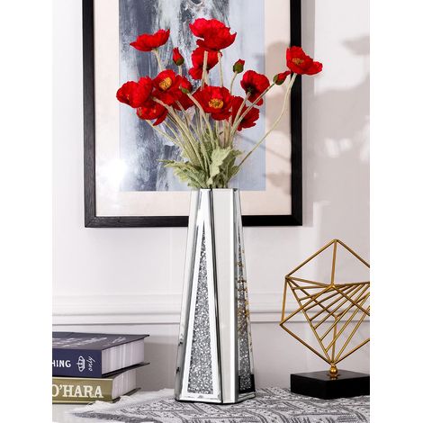 Grand vase pour fleurs séchées - 33 cm - Vase décoratif en verre argenté avec cristal - Pour la maison, le salon, la table à manger, le mariage (1/5)