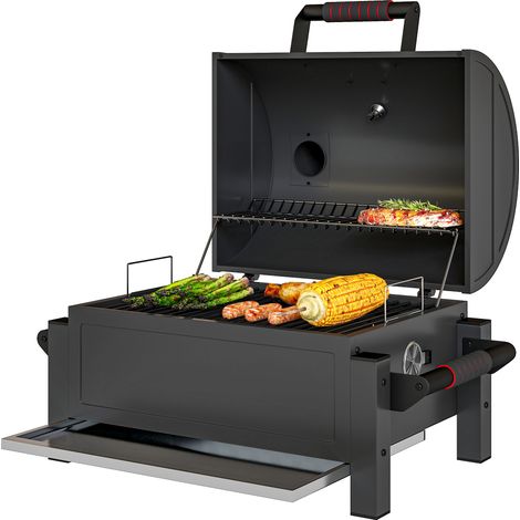 Barbecue à charbon acier inoxydable avec couvercle thermomètre grille maintien tiroir cendres noir/rouge 67x53x55 cm
