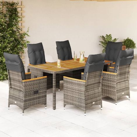 Ensemble repas de jardin 7 pièces gris en résine tressée, table et 6 fauteuils inclinables - PANGIVO (1/5)