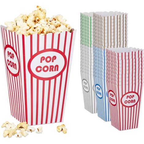 Relaxdays Sacchetti per Popcorn, Set da 50, a Righe, Feste Compleanno Tema Cinema, Box Contenitore Cartone, Multicolore