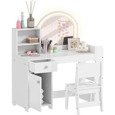AIYAPLAY tocador de maquillaje niña, tocador infantil con taburete y espejo con luces led, 1 cajón, armario, 5 estantes, para niños 3 a 8 años, blanco