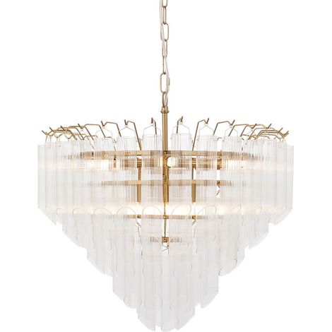 Endon Toulouse Plafonnier suspendu en laiton satiné, verre strié transparent, 12 x G9