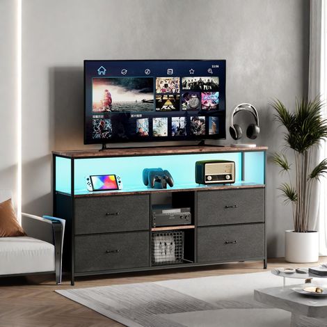 Meuble TV LED, structure métallique, table TV avec 4 tiroirs et compartiments ouverts, meuble de salle à manger pour salon, chambre, support réglable, PU noir (108 x 30 x 77 cm) (1/5)