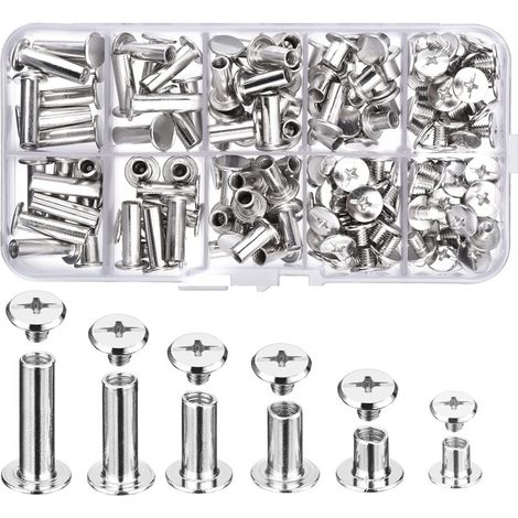 Vis, Kit Combo de vis Rivets Boutons en métal Garniture en cuir bricolage Reliure de livre Vis à goujon à tête plate ronde Une pièce (1/5)