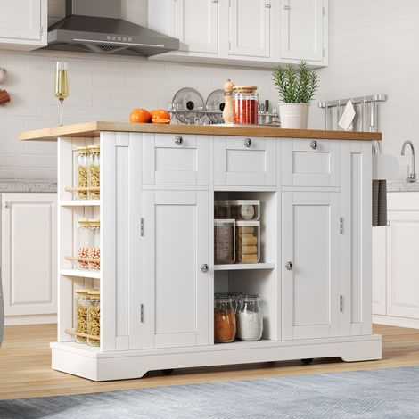 Table cuisine mobile 132cm style campestre,plan de travail pliable,rangement complet avec porte-épices et serviette,4 roues pour cuisine et maison.