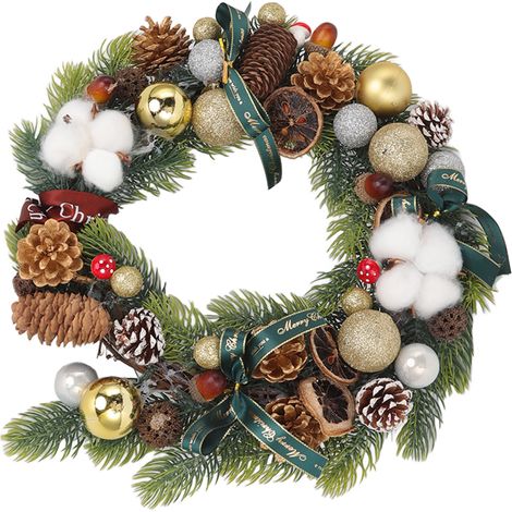 Weihnachtskranz aus Tannenzapfen mit Wattebällchen, festlicher Kranz für die Haustürdekoration, Grün (1/5)
