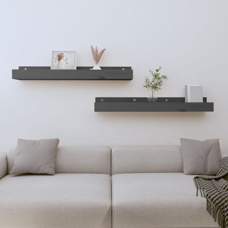Lot de 2 Étagère murale Étagère de Rangement - Meuble de rangement Gris 80x12x9 cm Bois de pin massif BV329409 - BonneVie (1/5)