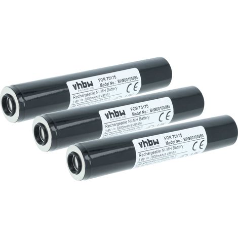 vhbw 3x Batterie compatible avec Pelican Streamlight 75523, 75516, 75515, 75522, 75521, 75514 lampe de poche ou frontrale (1800mAh, 3,6V, NiMH)