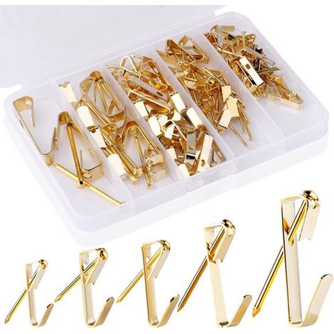 Ein Set aus 120 Rahmenhaken aus Edelstahl mit Nägeln zur Befestigung von Bilderrahmen, Spiegeln und Kunstwerken (5 Größen, silber). (1/5)