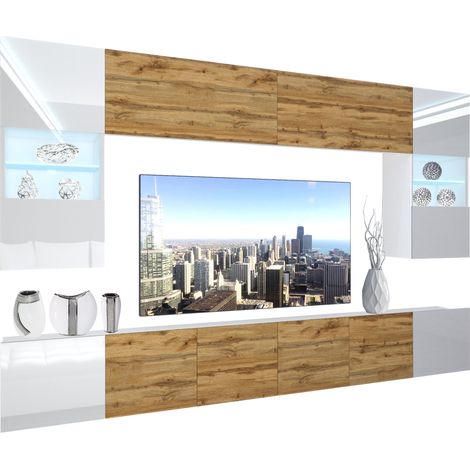 BELINI - Unité Murale TV NEX I Ensemble Muebles de Salon Complet I Ensemble Meuble TV avec Illumination LED I Dimensions: 300 x 180 x 36 cm I Coleur: Blanc très Brillant/chêne wotan 2