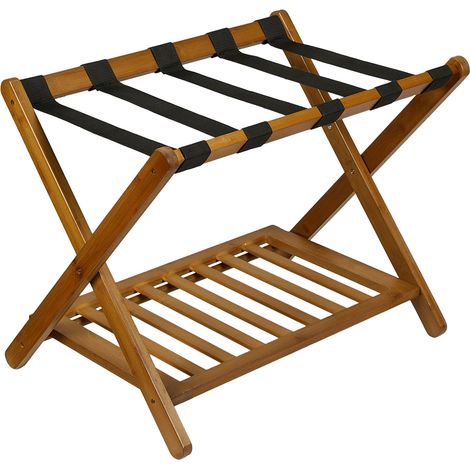 Porte-bagages de luxe en bois avec étagère de rangement – Support pliable pour valise, sangles robustes en nylon, supporte jusqu'à 68 kg – Chambre d'amis, chambre à coucher, hôtel – Couleur noyer, u (1/5)