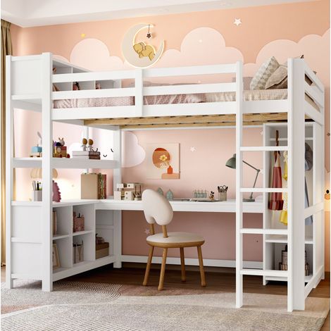 Letto rialzato 140x200 cm con scrivania, armadio, ripiani e vano portaoggetti, senza materasso, bianco (1/5)