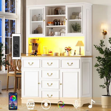 Buffet haut de cuisine blanc  Avec ports USB, prises, bande LED, compartiment poubelle et rangement multifonction