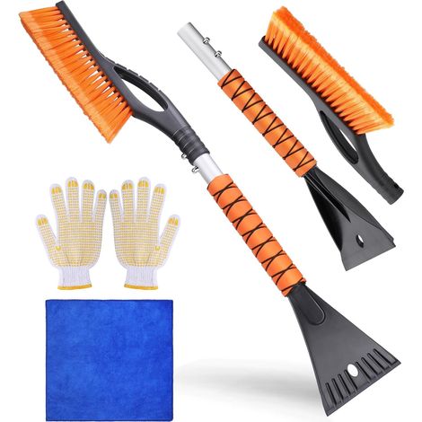Grattoir à glace et brosse à neige pour pare-brise de voiture (2 en 1), grattoir à glace amovible anti-rayures avec gants et chiffons, grattoir à neige robuste pour voiture et SUV (1/5)