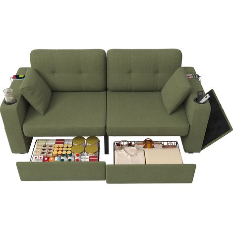 ELVMI Sofá Recto 2 Plazas con Portavasos, Bolsillos Laterales y USB, en Chenilla, Verde Oliva (1/5)
