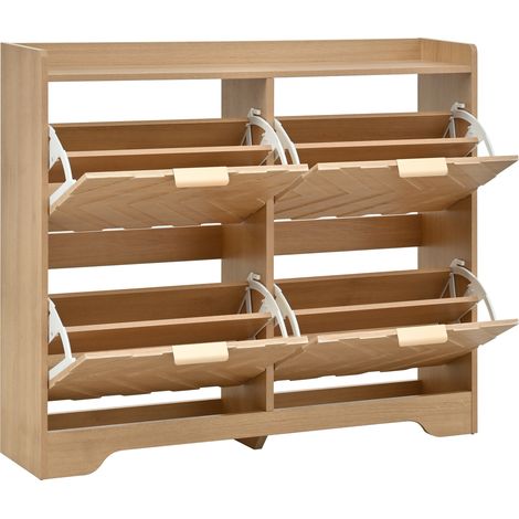 Zapatero con 4 compartimentos abatibles, estructura 3D, MDF natural, mueble recibidor (1/5)