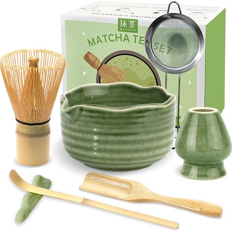 JBER Matcha Kit 7 Pièces, Matcha Set - Fouet à Matcha en Bambou, Bol à Matcha, Support pour Fouet, Cuillère et Tamis, Kit Matcha pour Cérémonie du Matcha - Matcha Vert (1/5)