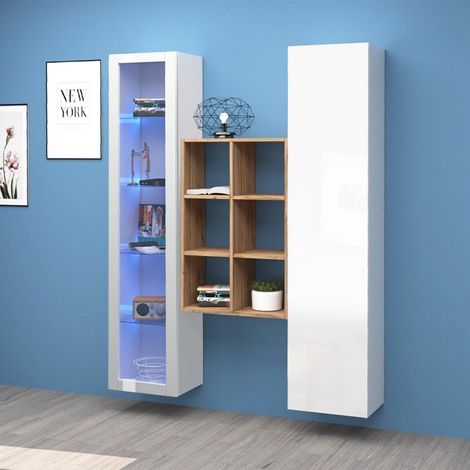 Meuble mural blanc pour salon avec vitrine, Tilla WH (1/5)