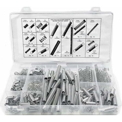 Surtido de resortes de compresión y extensión YMYNY, kit de herrajes para resortes de acero y metal, resortes surtidos con caja de almacenamiento, resortes de tensión y presión, 200 piezas por caja (1/4)