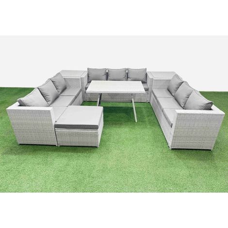 Fimous 10 Seat Outdoor Patio PE Rattan Garden Furniture with Cushions 3 Seater Sofa 2 Side Tables Big Stool Light Grey (1/4)