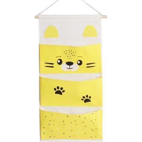 TAISHENGDA-Sac à suspendre dessin animé en tissu coton et lin à trois poches sac de livre d'images maternelle sac de livre sac de rangement mural sac de rangement mural poche jaune largeur 30 x hauteu (1/5)