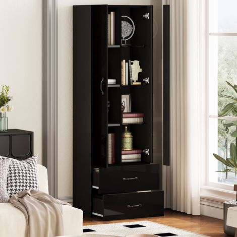 Vitrine avec 2 Portes et 2 Tiroirs avec LED, Bibliothèque de Rangement pour Salon en Panneaux de Particules 60×35×182.5 cm Noir (1/5)