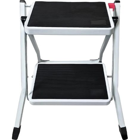 Escalera plegable, estructura de acero, 2 peldaños, capacidad de 150 kg, plataformas antideslizantes, diseño portátil. (1/5)