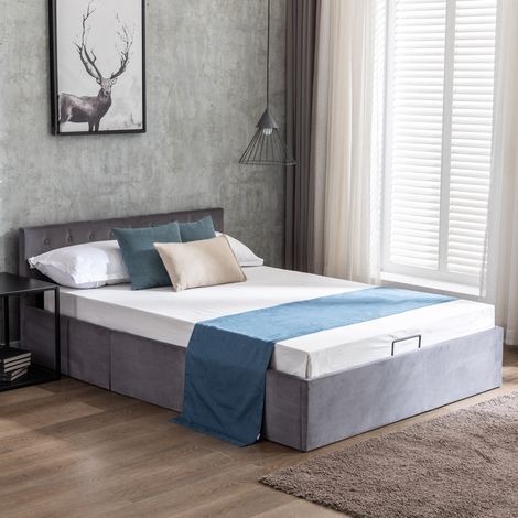 Lit rembourré en velours, 140200cm, tête de lit capitonnée, lit double, lit hydraulique avec rangement, sommier à lattes, gris[OLD SKU:29776162AAH] (1/5)