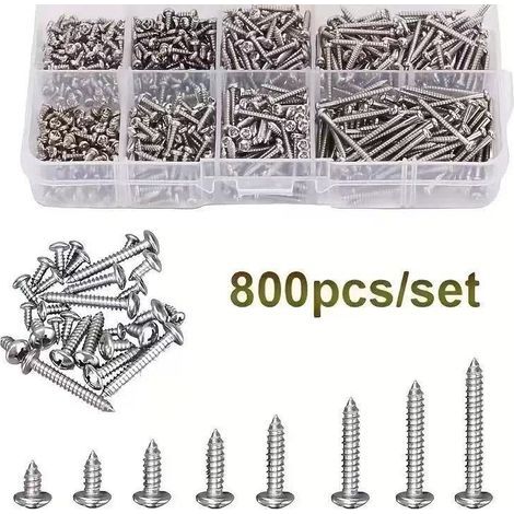 800 vis autotaraudeuses métriques M2 en acier au carbone nickelées, tête ronde, fente cruciforme, kit complet (1/3)