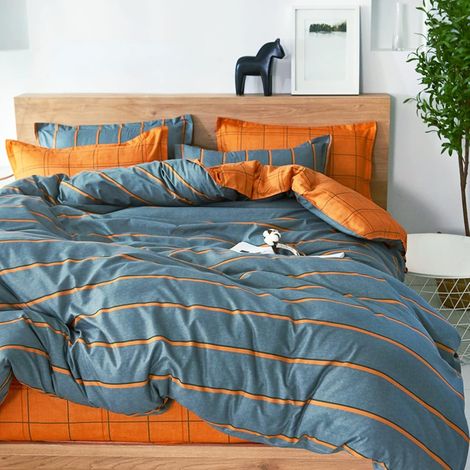 EASYCOMFORT Parure de Lit 4 Pièces avec Housse de Couette - Modèle de Rayures Orange, Ensemble en Microfibre avec 2 Taies d'Oreillers et 1 Drap de Lit (220x240cm) (1/5)