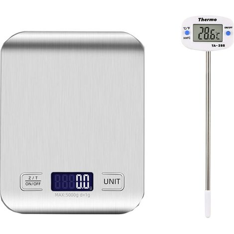 Balance de cuisine monobloc en acier inoxydable à piles, boîtier blanc, précision 5 kg/1 g + thermomètre alimentaire électronique monobloc, 10 kg, avec écran LCD-AquaForge (1/5)