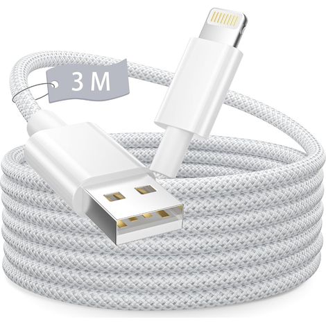 Cable iPhone Charge Rapide 3M, [Certifié MFi] Blanc Nylon Tressé Cable USB vers Lightning pour Apple Chargeur Câble Fil Lightning pour iPhone 14 13 12 11 Pro X 8 Plus 7 6 Mini/iPad/AirPods (1/5)