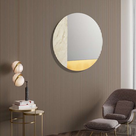 Specchio rotondo 80 cm marmo laminato avorio e foglia oro - THOMAS (1/2)