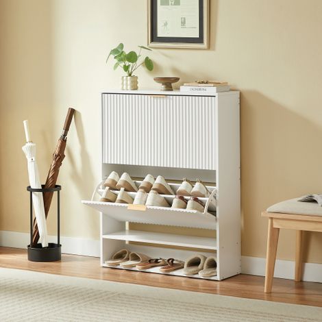 Armoire à chaussures de 80 x 24 cm avec façade rainurée – réglable en hauteur, avec dispositif anti-basculement et tablette décorative pour le couloir, blanc