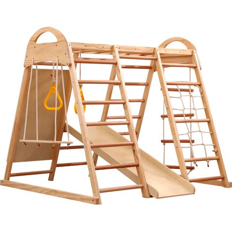 Structure d’escalade multifonction 7-en-1 en bois massif, contreplaqué et bois de hêtre, avec balançoire, échelle d’escalade, toboggan à planche, filet d’escalade, pierre d’escalade en plastique et an (1/5)