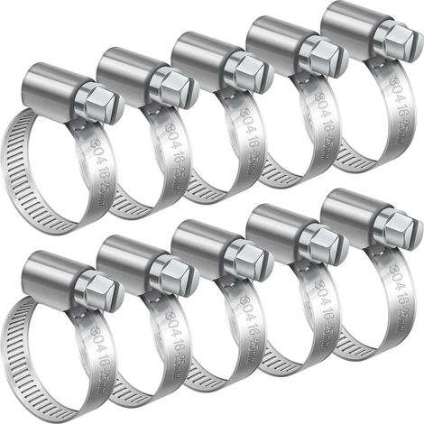 10 Pièces 16-25mm Collier de Serrage Réglable, Collier de Serrage Inox 304 Collier Serrage Métallique pour la Plomberie, Piscine, l'Automobile et les Applications Mécaniques (1/5)