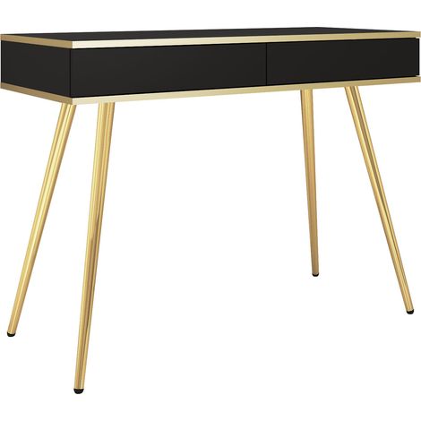 Coiffeuse Banff T102 - Noire - Détails dorés - 2 Tiroirs - Largeur 102 cm, Hauteur 80 cm, Profondeur 50 cm (1/4)