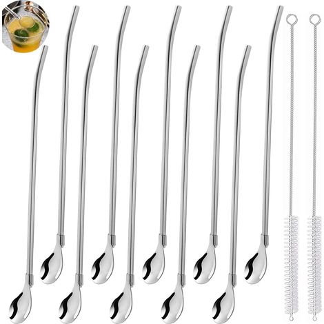 12 Pièces Pailles Cuillère 2 en 1 Cuillère Paille Réutilisable Acier INOX Pailles à Boire Cuillère en Métal Cuillère à Cocktail Cocktail Agitateurs pour Smoothies Laits Frappés Cocktail (1/5)