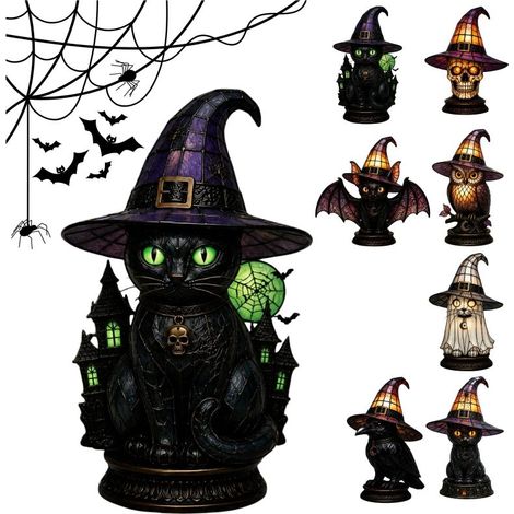 Lampe chapeau de sorcière en vitrail 28 cm, décoration gothique d'Halloween, veilleuse de sorcier artisanale à lumière chaude, alimentée par USB, lampe de table effrayante pour chambre ou bibliothèque (1/5)