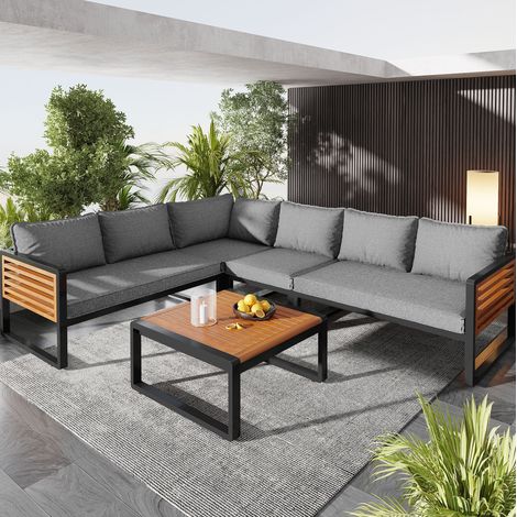 Tumbonas sofá de jardín modulares de metal gris con cojines de poliéster, mesa de centro y fundas desenfundables (1/5)