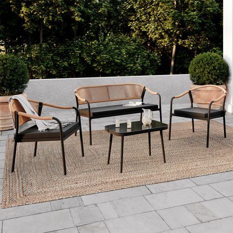 Conjunto de muebles bajos de jardín MADEIRA, 4 plazas, estructura de metal negro, cordaje y cojines negros