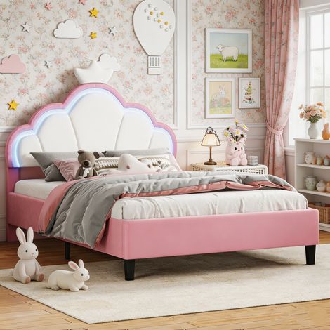Lit Princesse 140x190 cm, Tête de Lit Couronne, LED réglable, Velours Rose et Blanc, Confortable et Élégant, Chambre Fille ou Adulte