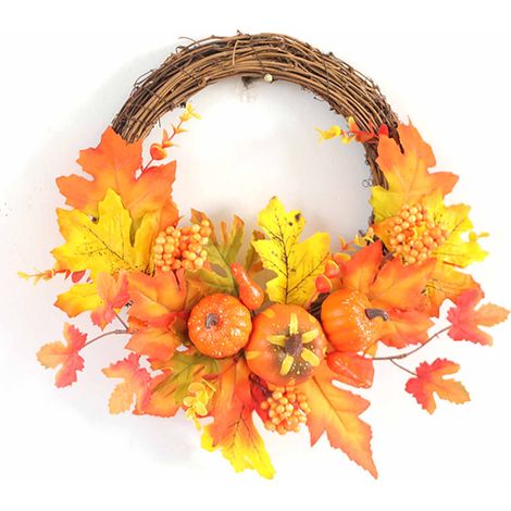 12 Inch Fall Wreath Lifelike Pumpkin Maple Leaves Harvest Wreath Autumn Decoration for Front Door (1/5)