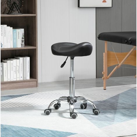 Tabouret de travail à roulettes réglable en hauteur 54-69 cm, siège selle pivotant 360° en cuir régénéré noir, pour salon esthétique et massage  CHICFURN (1/5)