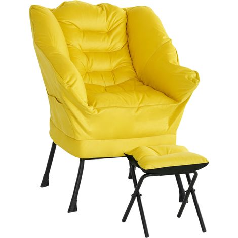 Fauteuil lounge avec repose-pieds, fauteuil relaxant avec poches latérales et pieds en acier pour salon ou chambre, jaune (1/5)