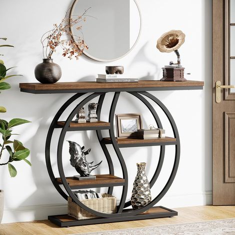 Tribesigns Mesa consola de 120 x 30 cm, mesa de sofá industrial de 4 pisos, mesa de entrada con base circular, mesas estrechas de madera con estantes para salón, pasillo, vestíbulo, marrón rústico (1/5)