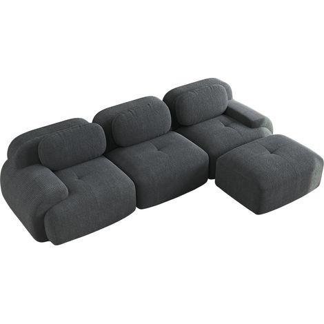 Canapé d'angle modulaire en tissu corduroy gris sans cadre avec accoudoirs larges et mousse haute élasticité 32D (1/5)