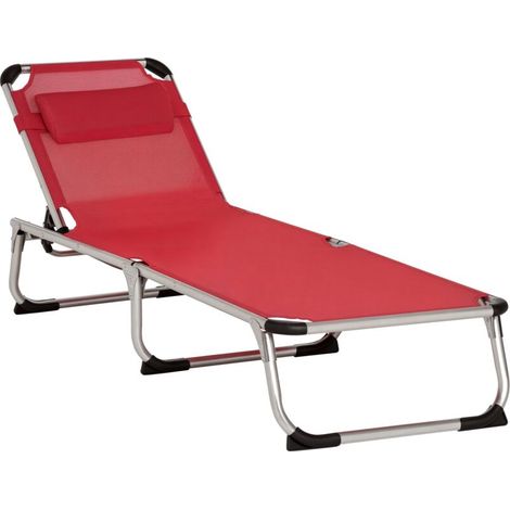 Transat pliable, chaise longue de jardin avec appui-tête, chaise longue avec dossier réglable 4 positions, chaise longue de camping, capacité de charge jusqu'à 120 kg, pour parcs et jardins, rouge