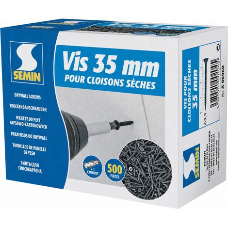 SEMIN Vis HD Autoperceuse Plaque de Plâtre Haute Densité 3,9 x 35 mm - Boîte de 500 Vis Phosphatées - Double Filetage Inversé - Fixation Fibres-Gypse sur Ossature Métal ou Bois (1/5)