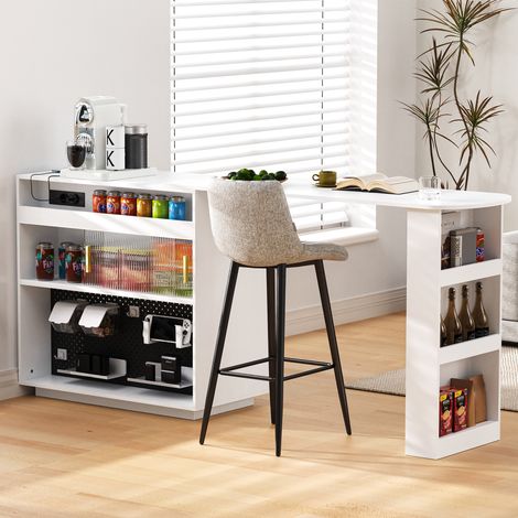 Table de bar extensible moderne, meuble buffet tournant 360° avec éclairage LED et rangement, réversible panneau ajouré et prises, table haute blanche pour cuisine et salle à manger